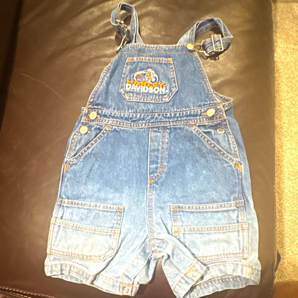 Harley-Davidson Blue Denim Overall One-Piece Logo Pockets Buckle 18-24M